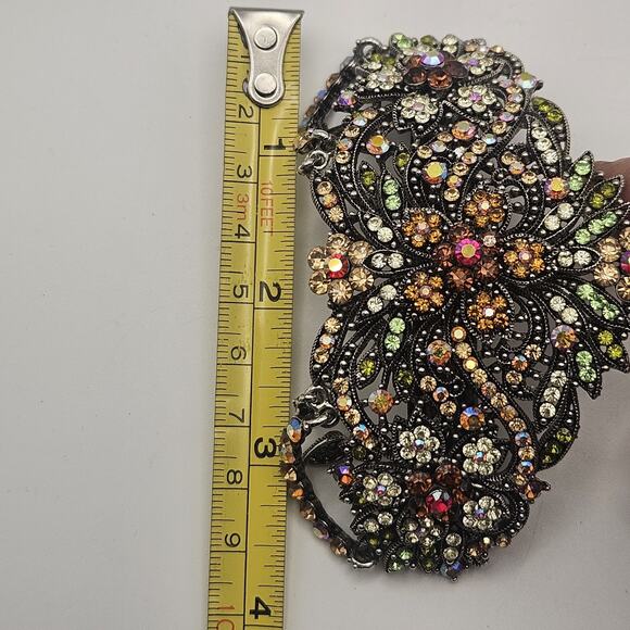Vtg Metal Hair Barrette Clip Ornate Floral Colorful Rhinestones Artist Signed main image 4
